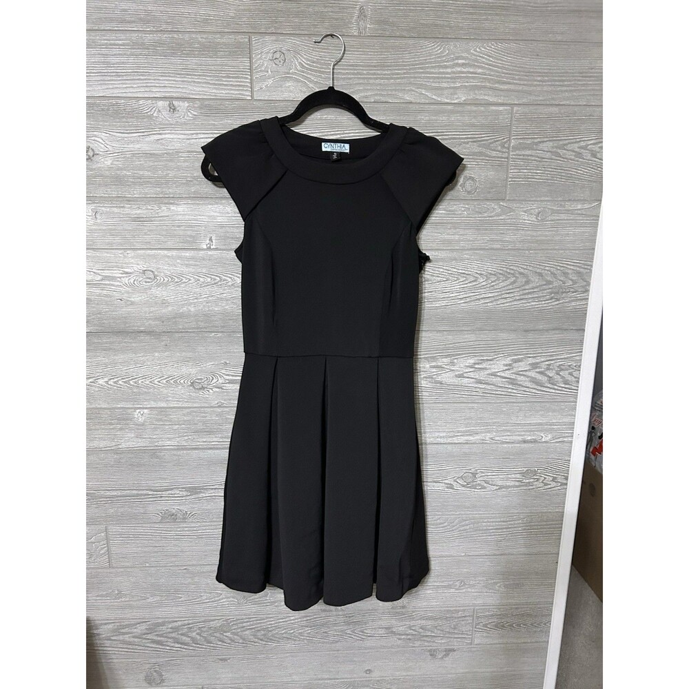 Cynthia Rowley Dress Womens S Black Fit & Flare Mini Stretch Cap‎ Sleeve Pleated